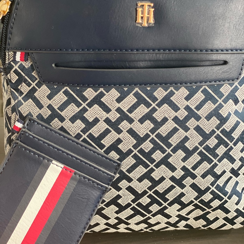 Tommy Hilfiger backpack with pouch. Blue and white